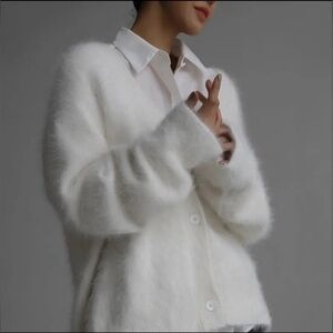 Oversized Elegant White Fuzzy Cardigan